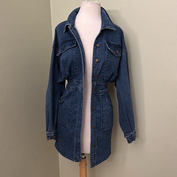 💕- Free People Dark Wash Denim Long Sleeve Botton-Front Mini Dress size XS - Picture 7 of 16